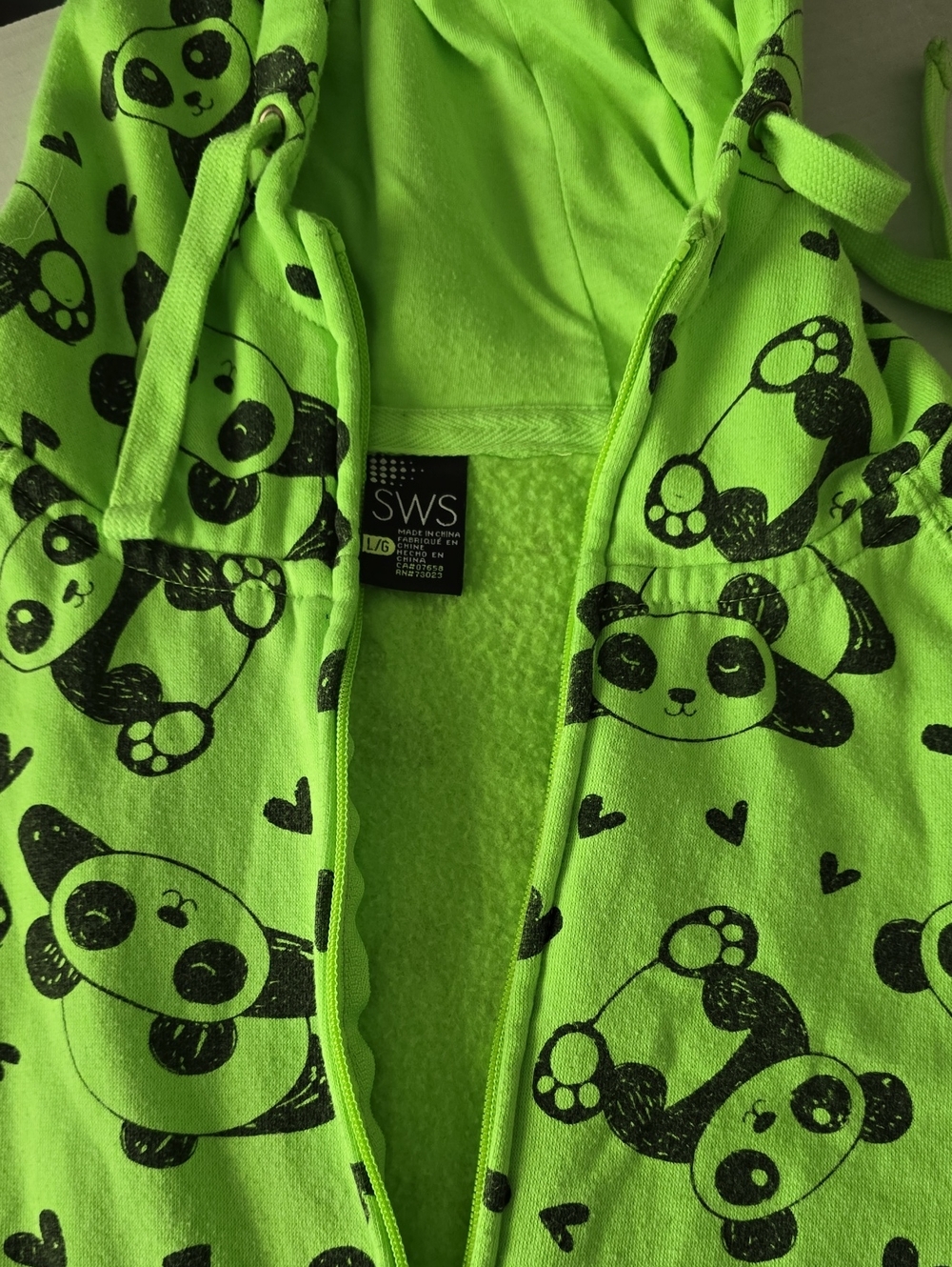 Vintage SWS Neon Green All-Over Panda Print Zip-Up Hoodie Sweatshirt